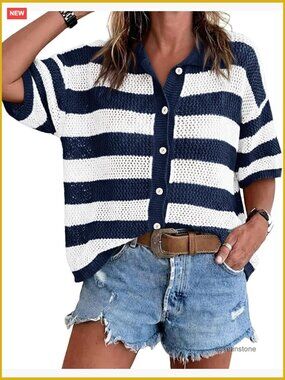 Women's Striped Crochet Cardigan Sweater Button Up Half Sleeve Loose Fit Cover